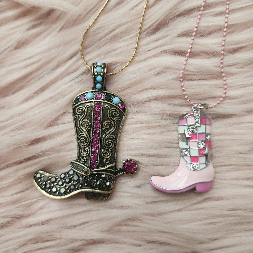 2 Cowboy Cowgirl Rhinestone Enamel Necklaces Set